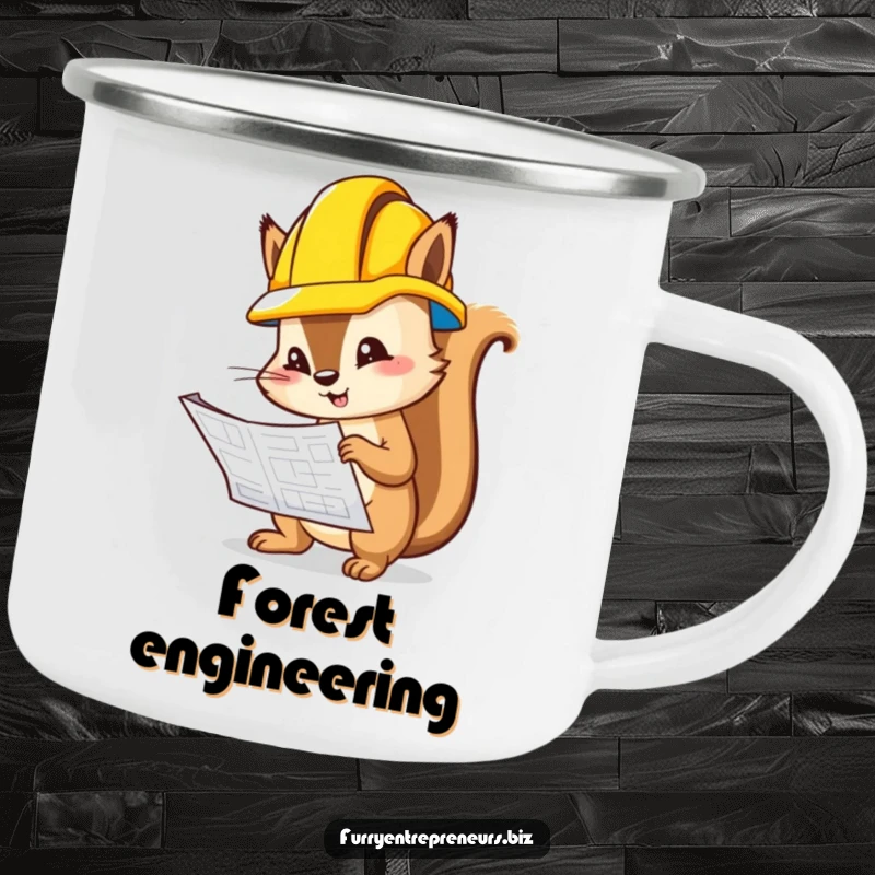 Funny squirrel in a hard hat inspecting a blueprint on a rustic camping mug for outdoor humor.