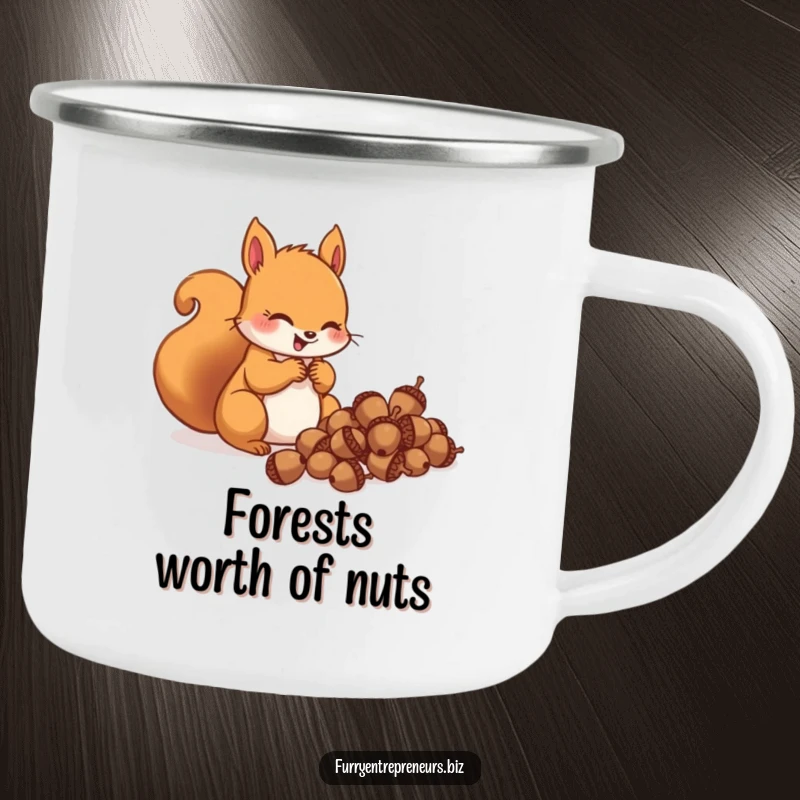 Funny squirrel character gleefully counting acorns on a camping mug, perfect for collecting memories during outdoor adventures.