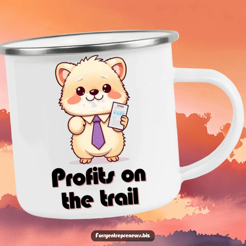 Funny animal stock camping mug with a fluffy creature in a tie, enthusiastically presenting a miniature stock chart, perfect for outdoor drinks.