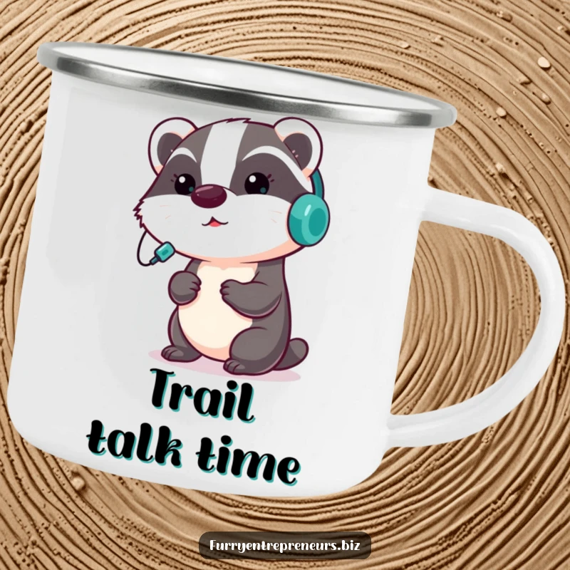 Funny badger camping mug with a focused badger wearing a headset, presenting, durable for adventures and bringing professional humor.