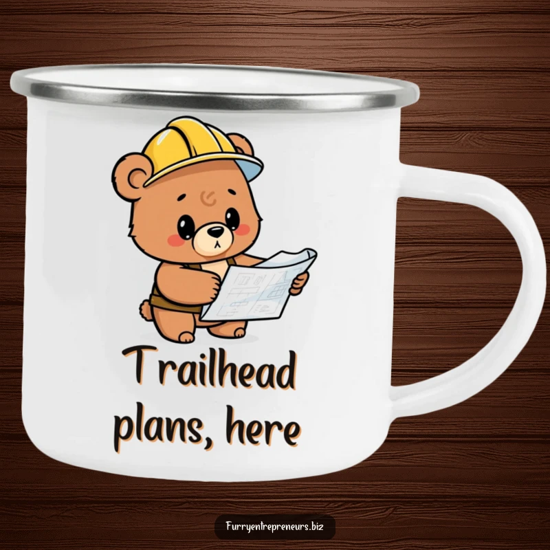 Funny bear construction worker in a hard hat, examining a blueprint, a durable and humorous camping mug.