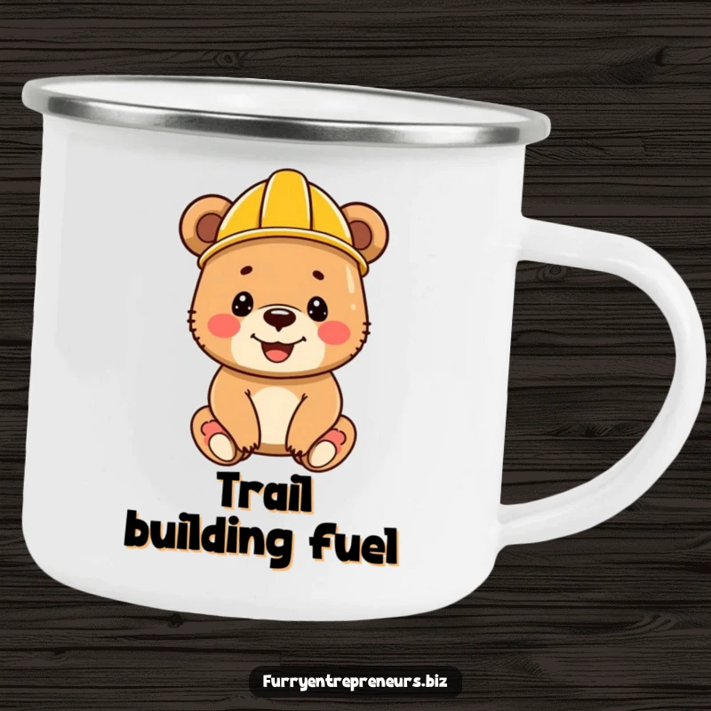 Funny bear cub wearing a construction helmet, holding a camping mug, smiling and ready for outdoor fun.