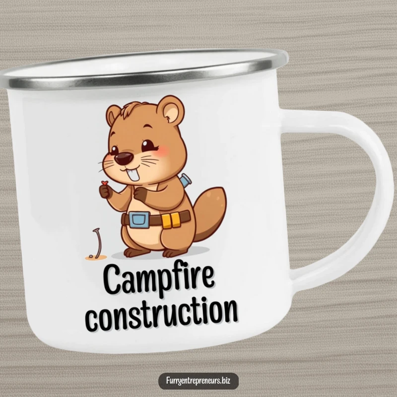 Funny camping mug featuring a cute beaver character wearing a tool belt, examining a tiny nail, perfect for outdoor building.