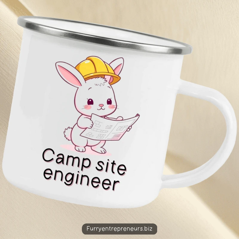 Funny bunny builder camping mug, hard hat and blueprint, ready for outdoor inspections and enjoyment.