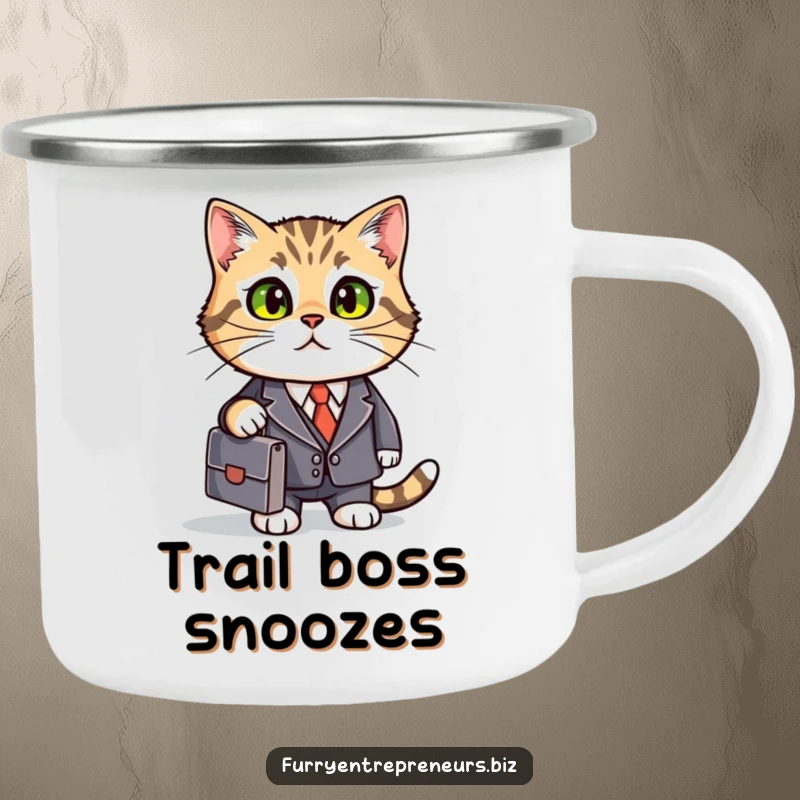 Funny business cat camping mug, suited for adventure, ready to handle any outdoor business.