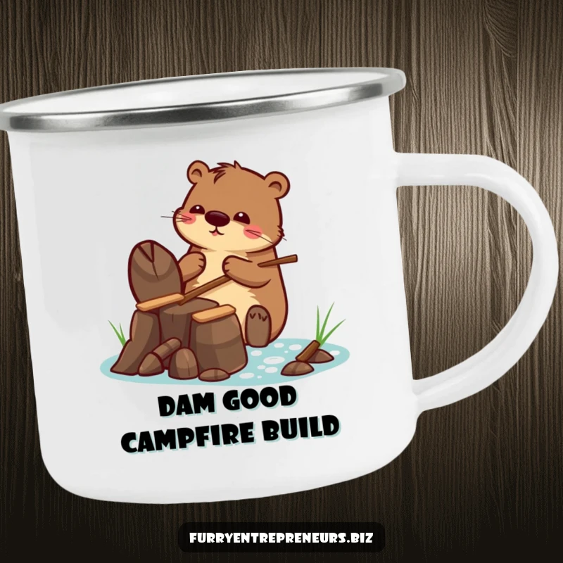 Funny camping mug showing a beaver character building a tiny dam with tiny sticks, perfect for outdoor drinks with a humorous, industrious twist.