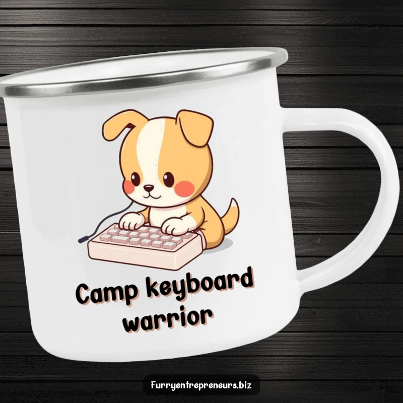 Funny camping mug featuring an adorable dog character typing on a miniature keyboard, ready for outdoor excursions.