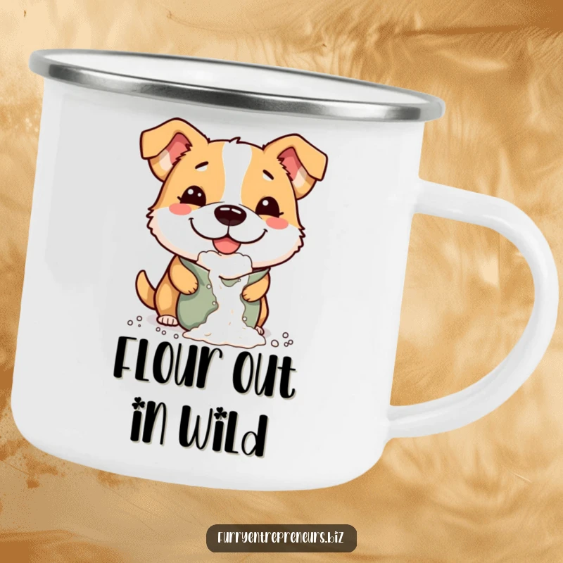 Funny camping mug showing a mischievous dog with a comically large smile, dropping flour from a bag, ready for fun.