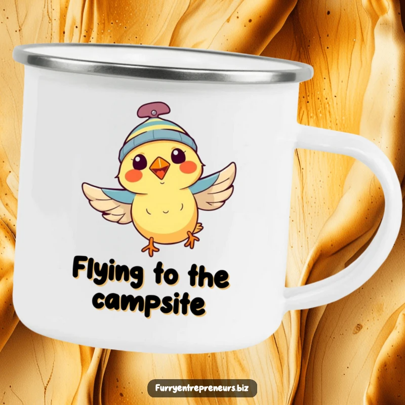 Funny bird with a propeller beanie, flying high, on an enamel camping mug, perfect for outdoor adventures, a funny gift.