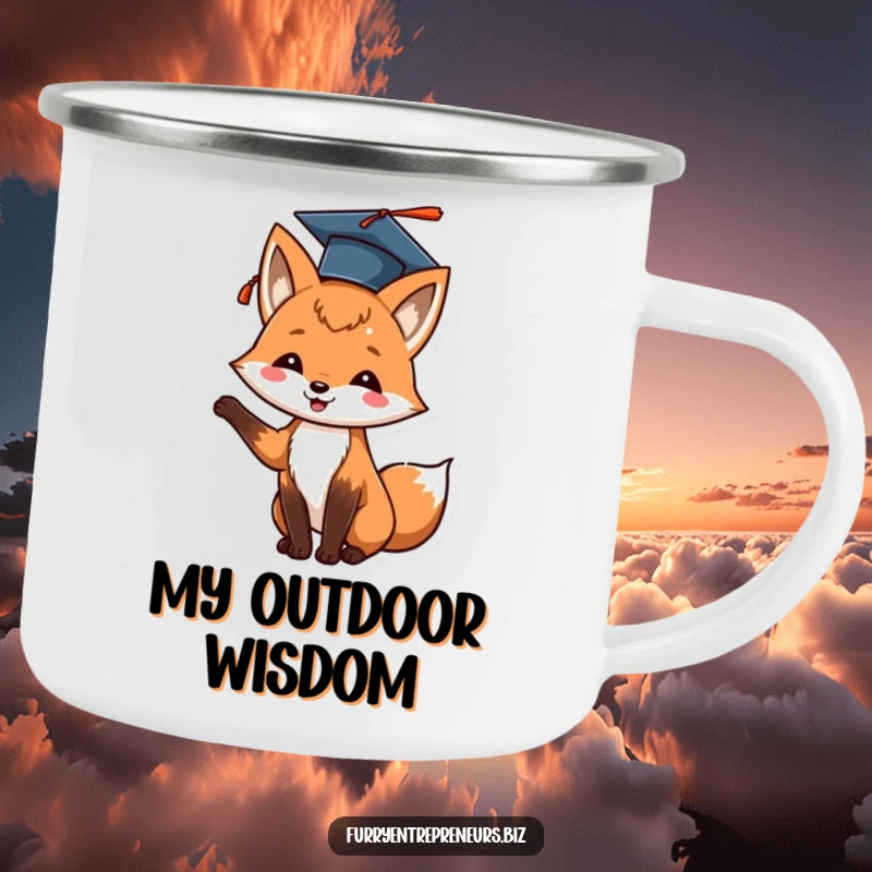 Funny fox graduation camping mug with a cheerful animal tossing its cap, designed for outdoor celebrations.