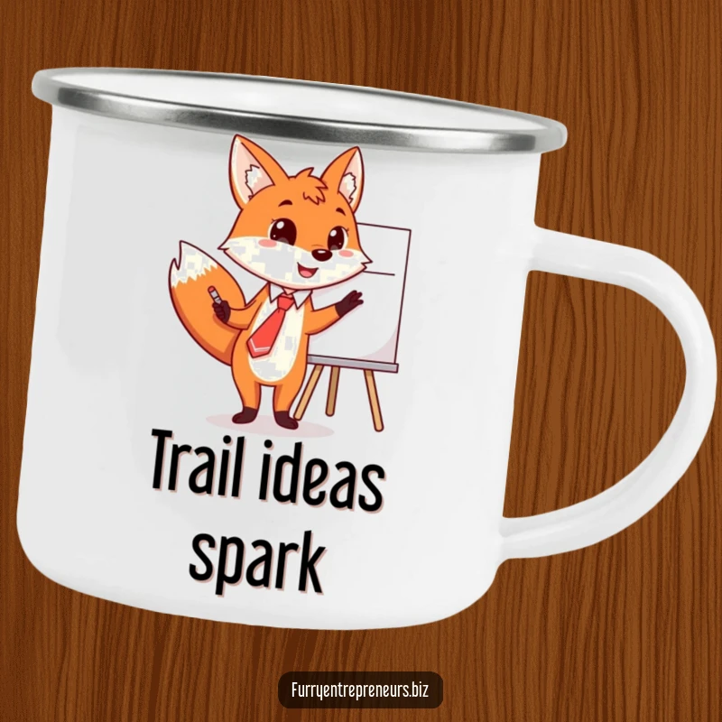 Funny fox camping mug, in a tie, pointing at a whiteboard with outdoor adventure plans.