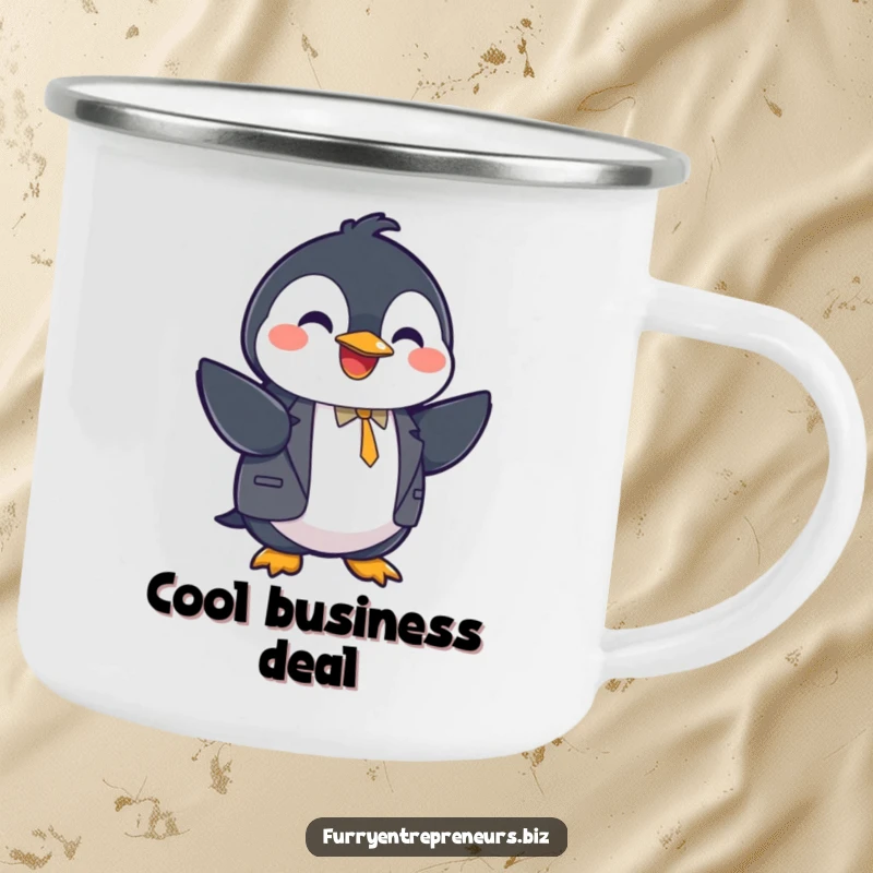 Funny penguin in a suit shaking hands on a camping mug, outdoor business, professional humor, durable funny gift.