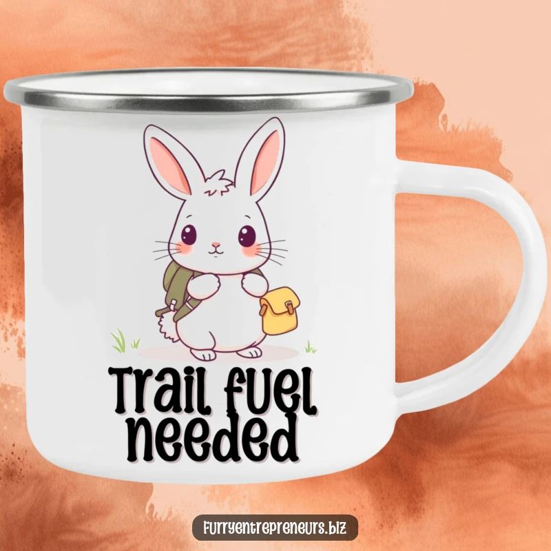 Funny rabbit explorer camping mug with a curious rabbit and backpack, ready for outdoor adventures.