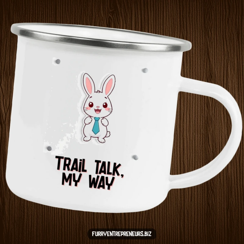 Funny camping mug featuring a happy rabbit in a tiny tie, presenting on a whiteboard, ready for any adventure.