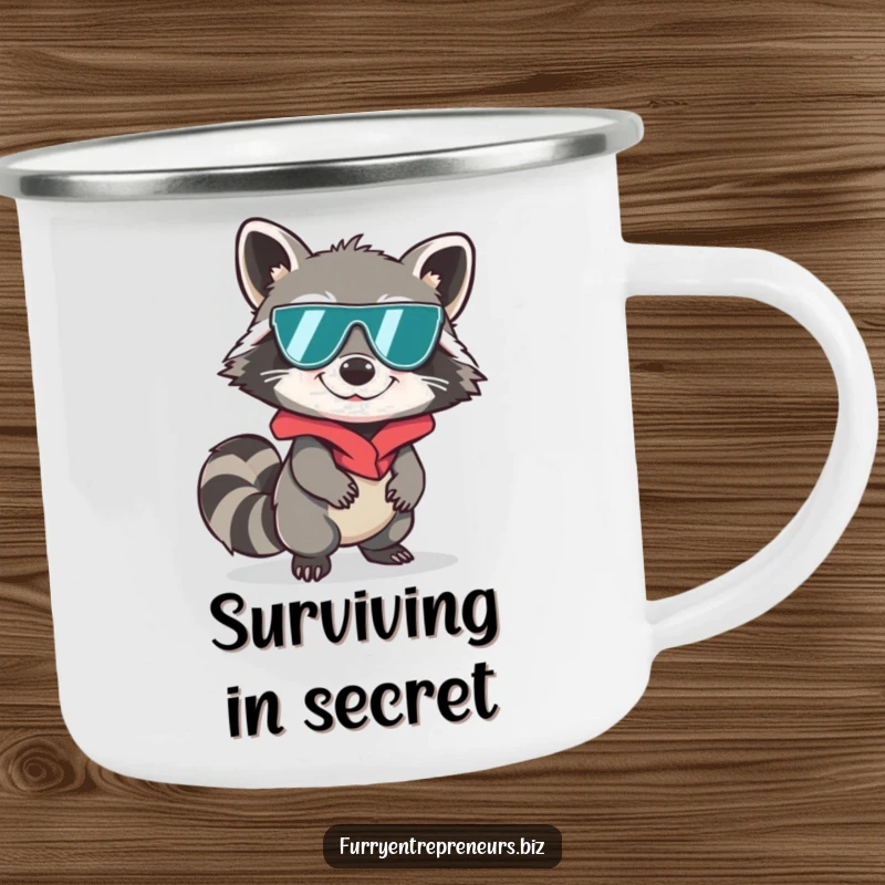 Funny raccoon in spy disguise sneaking on a camping mug, outdoor adventure, secret agent humor, durable funny gift.
