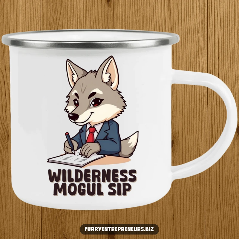 Funny wolf in a tiny business suit, holding a camping mug, looking determined and ready for the outdoors or a meeting.