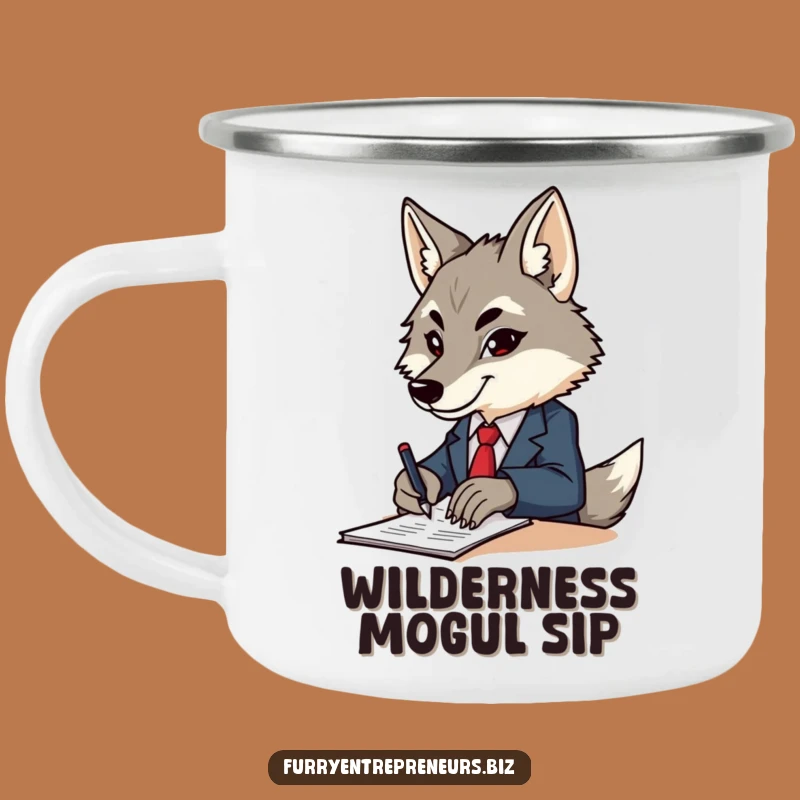 Funny Wolf Business Camping Mug - Determined Explorer Sipping Coffee