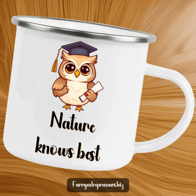 Funny owl in graduation attire holding a diploma, on an enamel camping mug, perfect for outdoor study sessions, a funny gift.