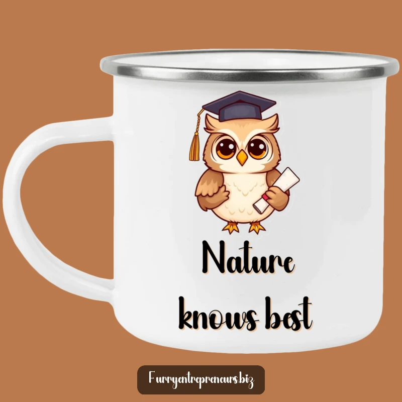 Funny Graduation Owl Camping Mug: Wise Scholar Enamel Cup for Adventure!