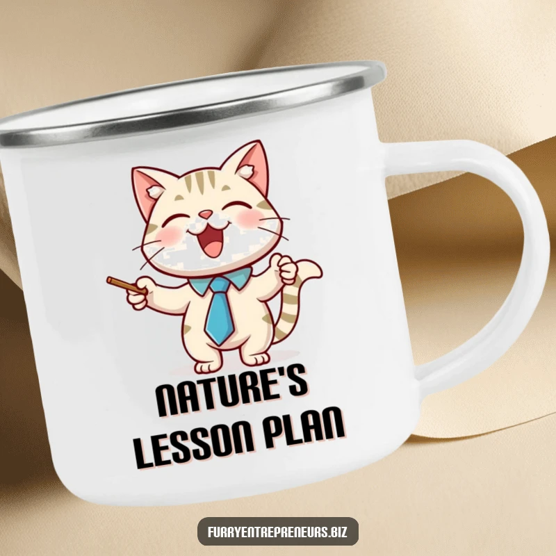 Funny camping mug featuring a joyful cat character wearing a necktie and using a pointer stick, perfect for outdoor learning.