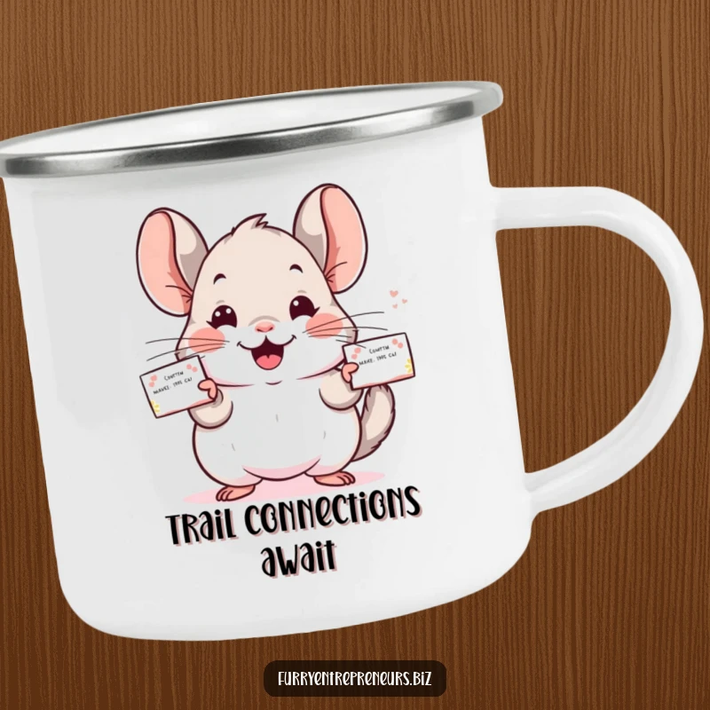Funny Chinchilla camping mug showing a happy character distributing business cards, perfect for outdoor adventures.