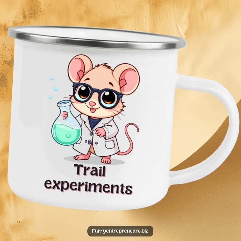 Funny scientist mouse camping mug, wearing a lab coat and holding a bubbling beaker, designed for curious outdoor adventures.