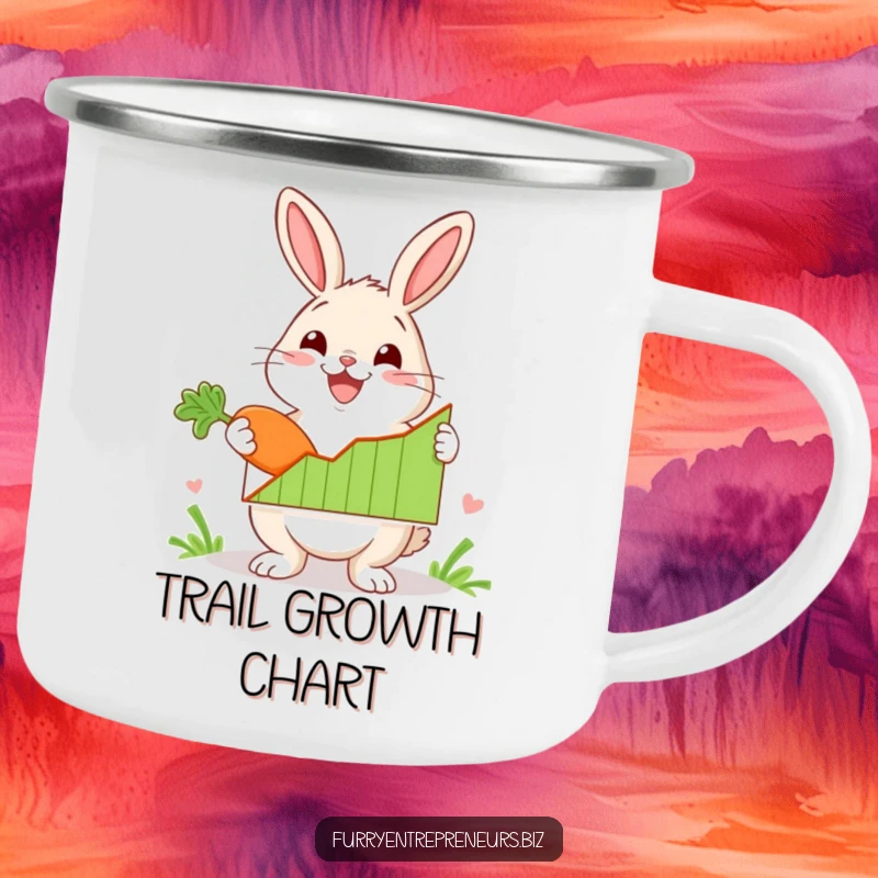 Funny rabbit character enthusiastically presenting a graph with a carrot on a camping mug, perfect for tracking progress during outdoor adventures.