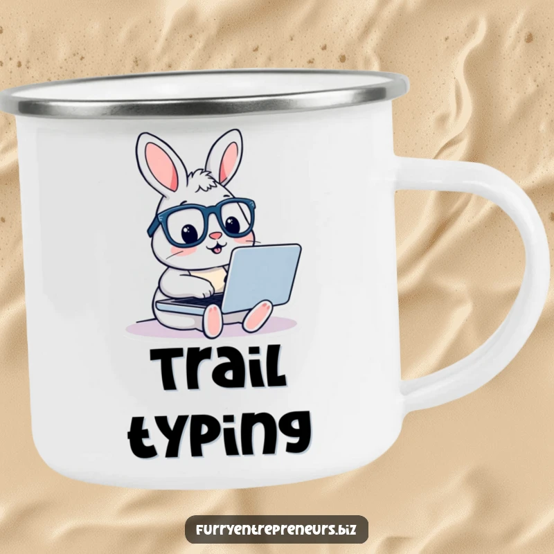 Funny rabbit with glasses typing on a laptop, ready for creative endeavors on a rugged camping mug, inspiring humorous writing adventures.