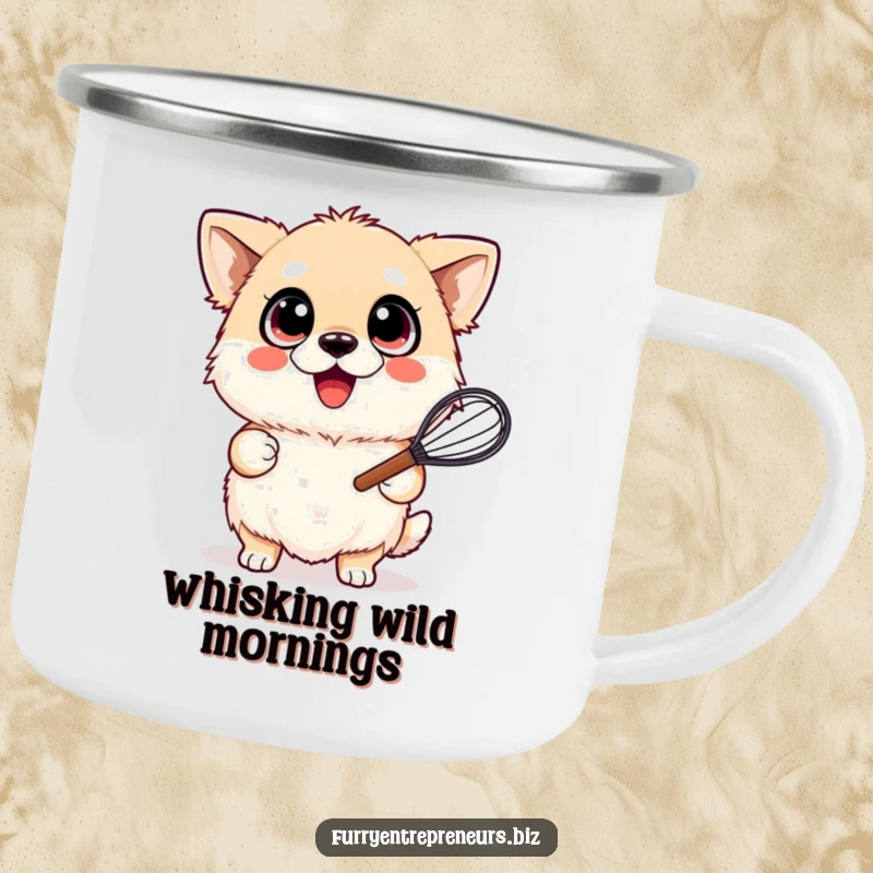 Funny camping mug showing a fluffy dog with wide, happy eyes, joyfully holding a whisk, ready for outdoor fun.
