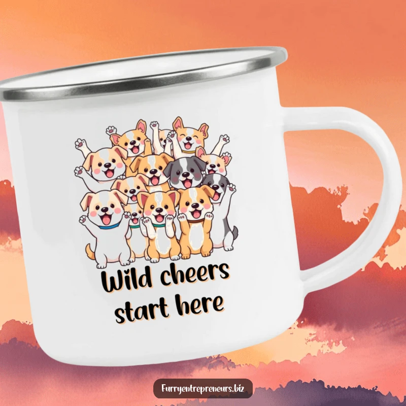 Funny camping mug showing a group of various kawaii dogs cheering with paws in the air, ready for outdoor fun.