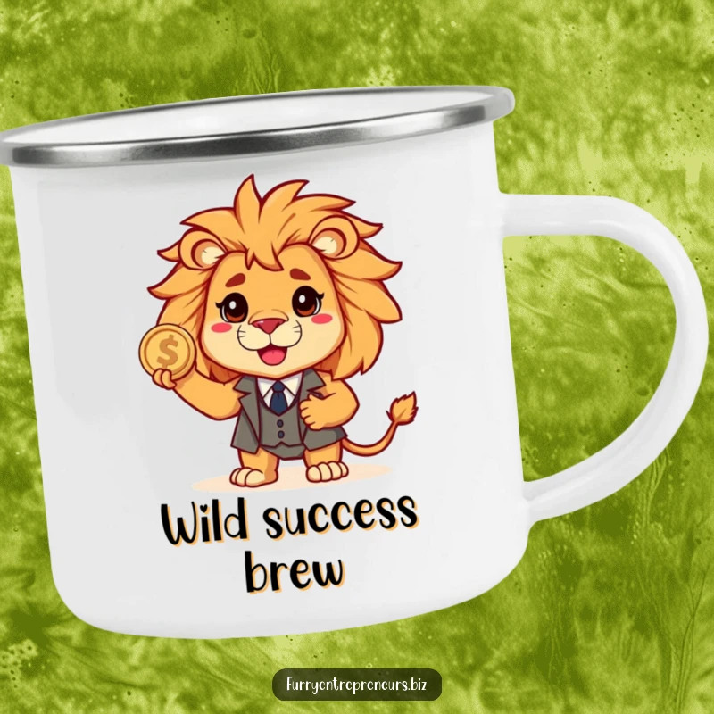 Funny lion in a tiny business suit holds a coin, looking brave and ready for adventure on this durable camping mug.