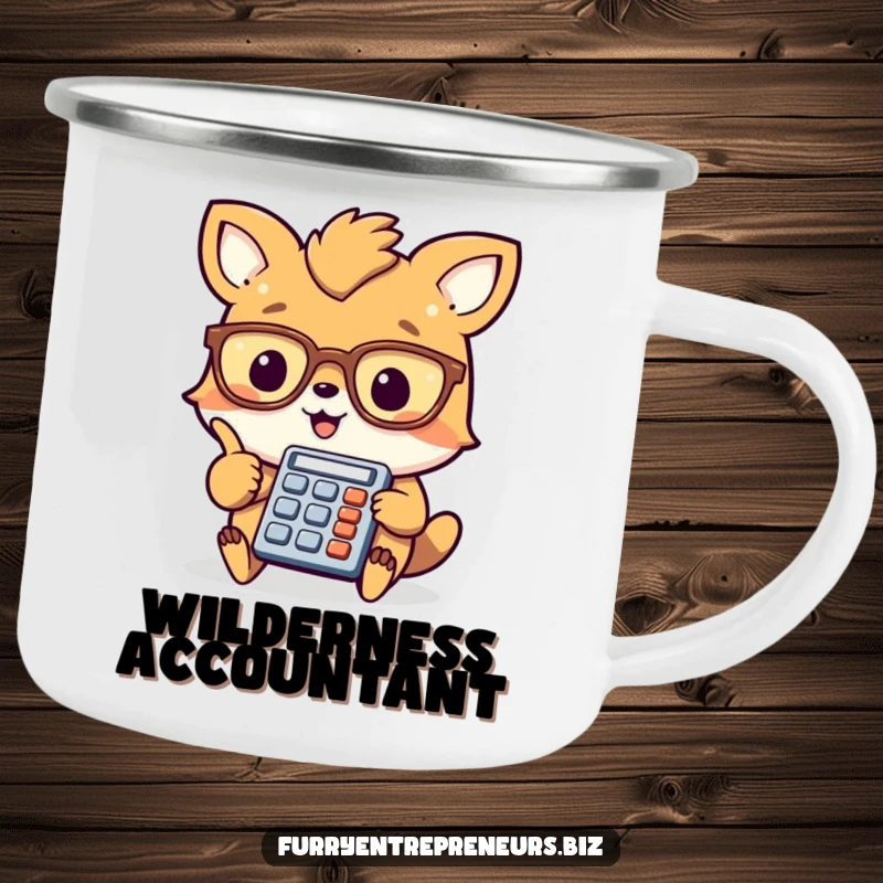 Funny animal accountant camping mug, a cheerful creature with glasses points at a mini calculator, perfect for outdoor adventures and number crunching.