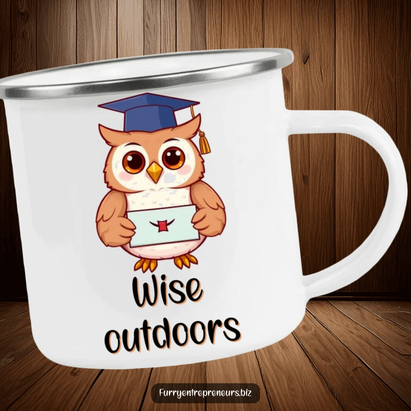 Funny owl in a graduation cap holding a diploma, ready for wise adventures on a rugged camping mug, inspiring humorous learning.