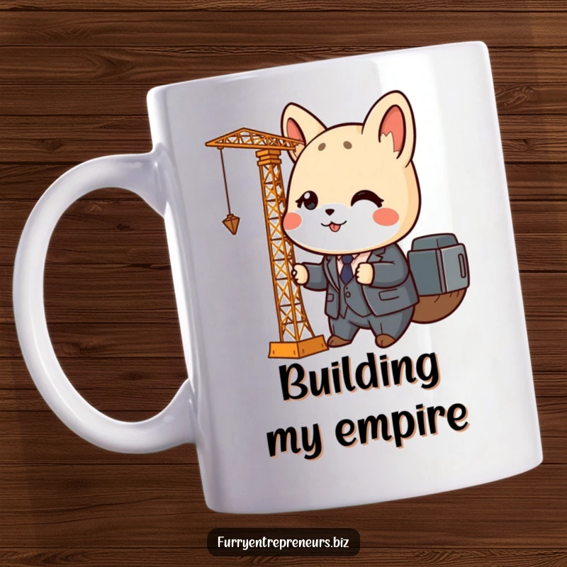 Funny animal mug featuring a cute character in a tiny business suit operating a miniature crane with focus and determination.