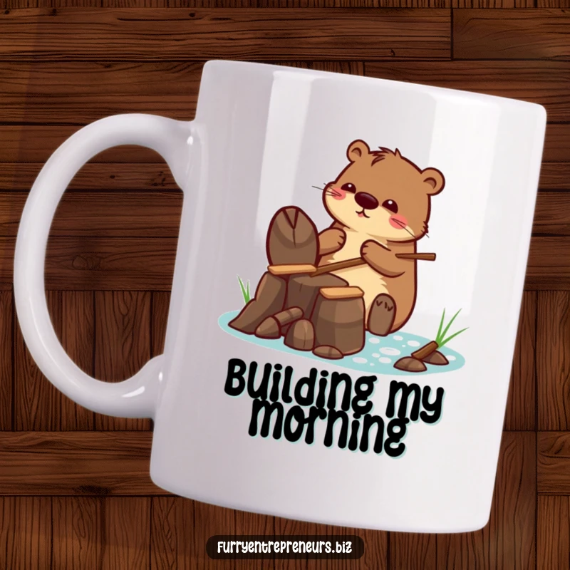 Funny mug showing a beaver character diligently building a tiny dam with small sticks, embodying industriousness and humor.