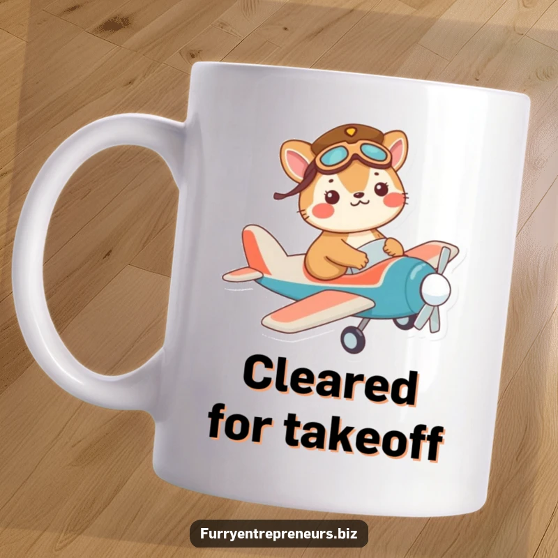 Funny pilot animal mug with a mischievous character in a tiny hat, flying a toy airplane.