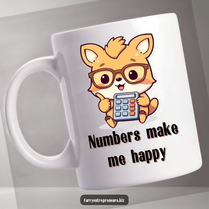 Funny animal accountant mug, a cheerful creature in glasses points at a tiny calculator, symbolizing financial fun and smarts.