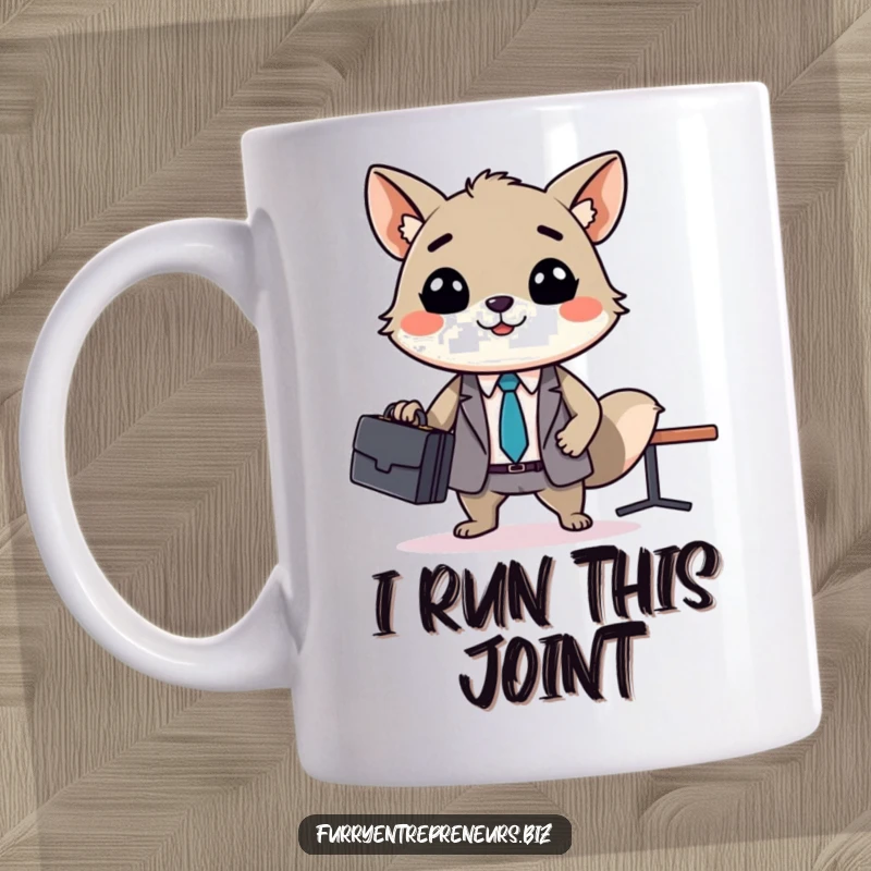 Funny animal CEO mug, a smiling briefcase-toting creature leads a tiny business meeting with confidence and determination, making it a hilarious desk accessory.