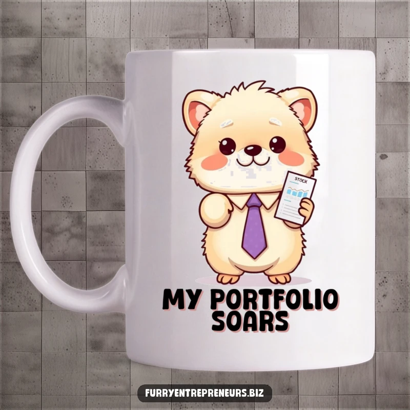 Funny animal mug featuring a fluffy creature in a tie, enthusiastically presenting a miniature stock chart with a confident smile.