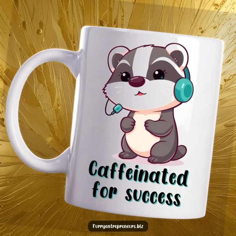 Funny badger mug with a focused badger wearing a headset, presenting with determination, embodying productivity and focus.