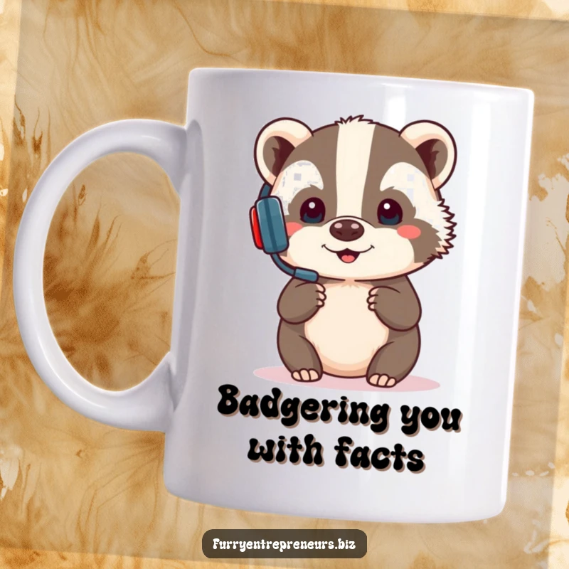 Funny mug featuring a focused badger wearing a headset, presenting information with serious, humorous determination, ideal for office humor.