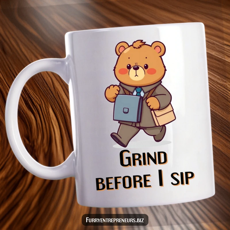 Funny bear business mug showing a determined animal power walking with a briefcase, ready for any task.