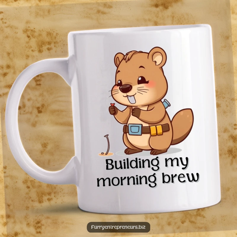Funny mug featuring a cute beaver character wearing a tool belt, examining a tiny nail with intense focus.