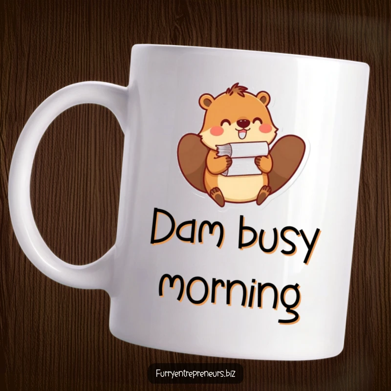 Funny mug featuring a playful beaver character precariously balancing a tall stack of documents, symbolizing hard work and office chaos.