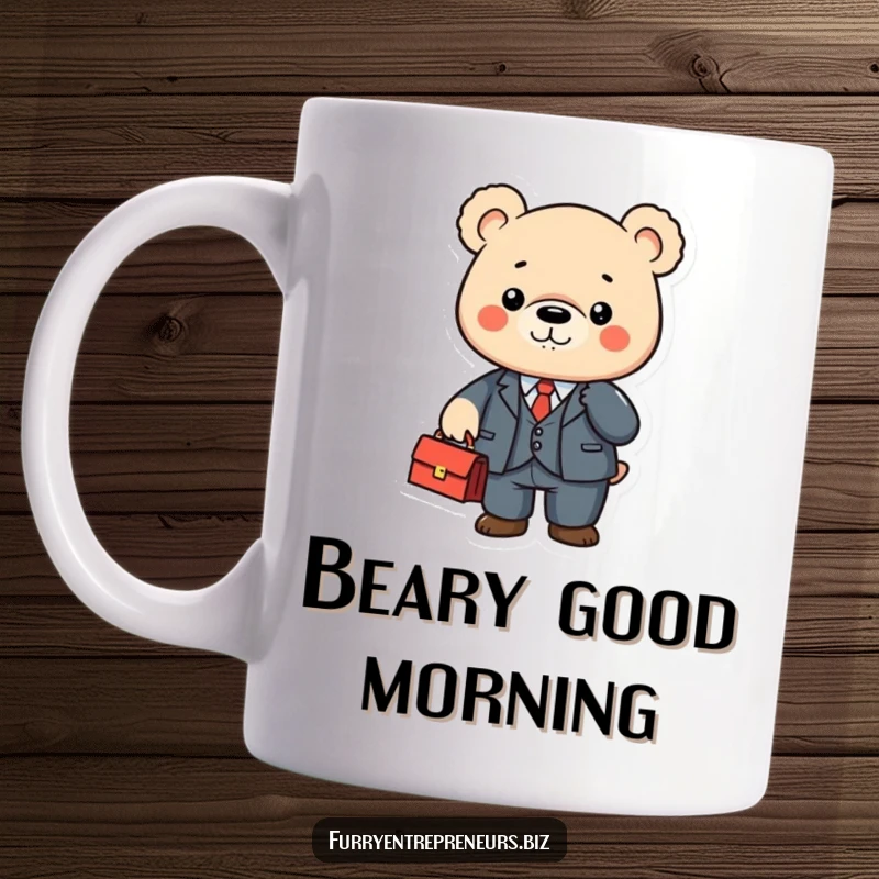 Cute bear character in a tiny suit, shaking a briefcase on a mug, ready for business.