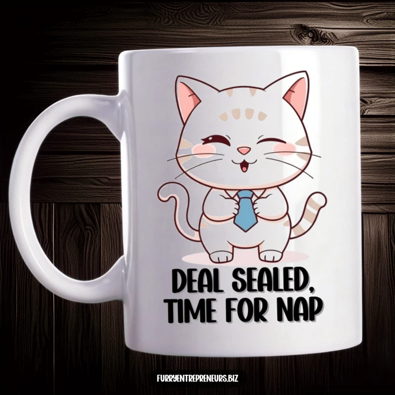 Funny cat wearing a tie, winking and shaking hands, on a coffee mug, representing business deals with humor, a great funny gift.