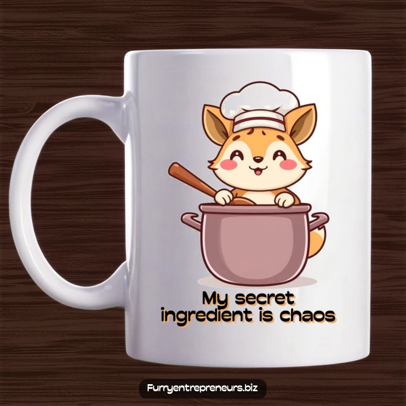 Funny chef animal mug with a happy character stirring a giant pot, embodying culinary joy and deliciousness.
