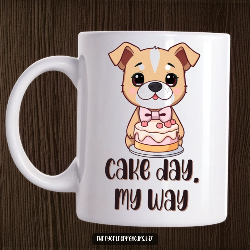 Funny mug of a determined dog wearing a mini bowtie, proudly presenting a lopsided cake with a proud, earnest expression.