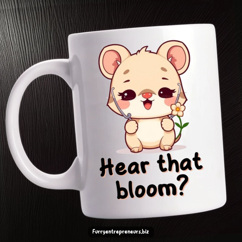 Funny mug showing a delighted animal character as a vet, using a stethoscope to listen to a flower with curiosity.