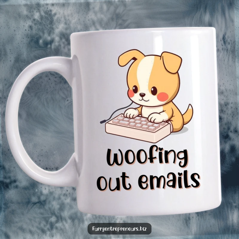 Funny mug showing an adorable dog character intently typing on a tiny keyboard, embodying focus and cuteness.